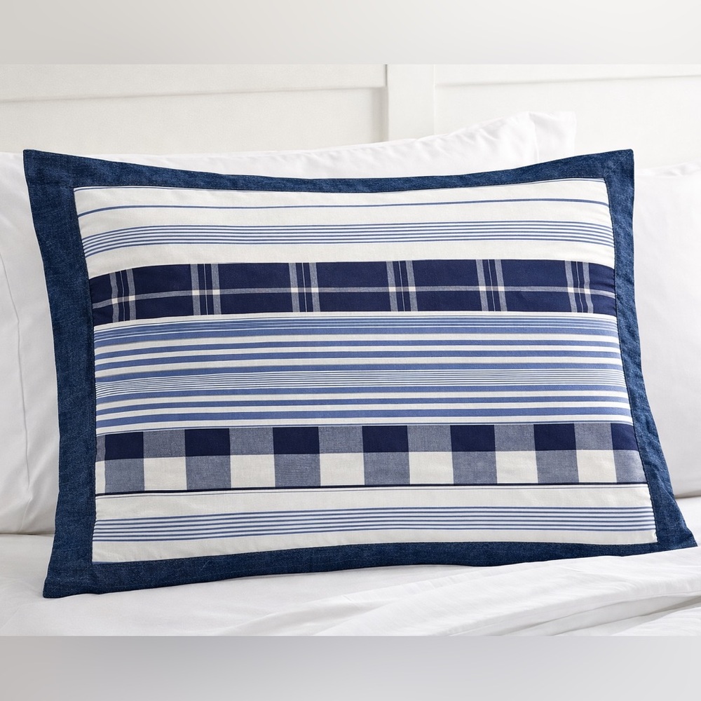 Tommy Hilfiger Home Patchwork Pillow Sham Blue Plaid Cotton 20x26 Nautical
